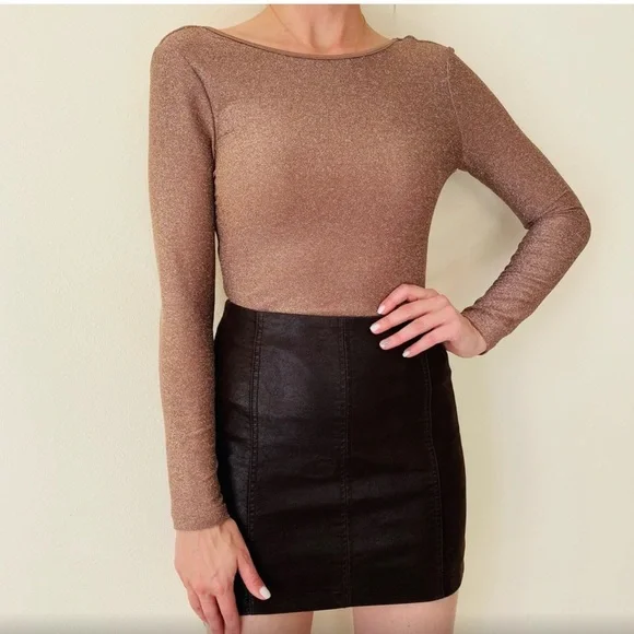 Shein METALLIC bronze STRETCH BODYSUIT open back BLOUSE SHIRT - Picture 7 of 15